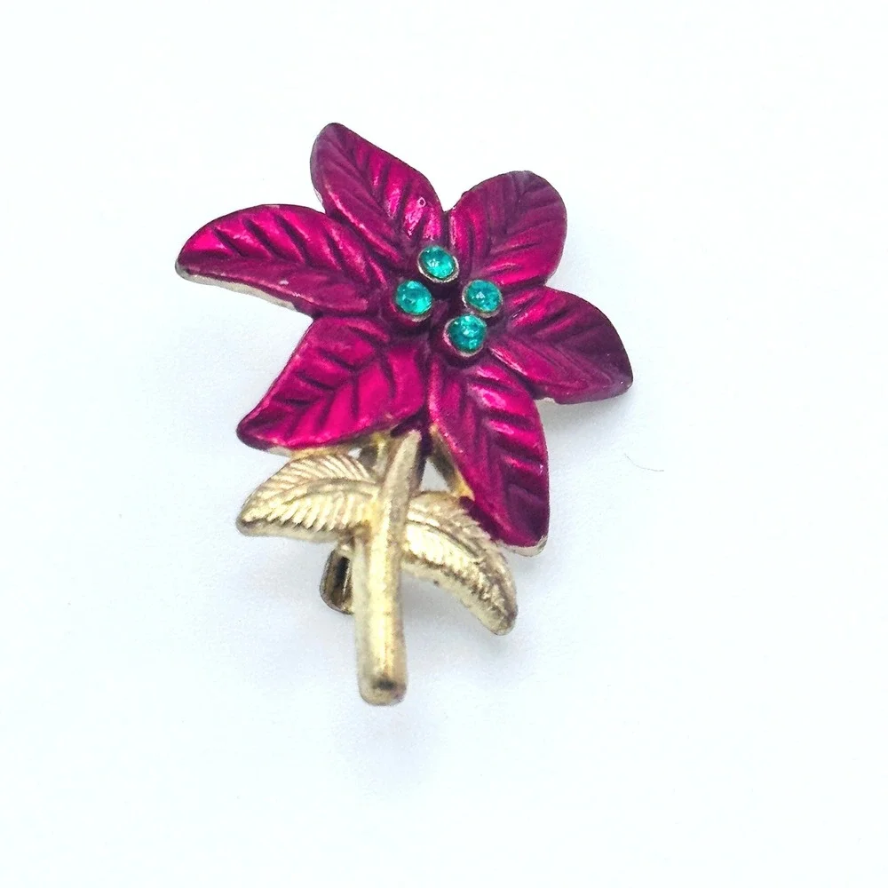 Vintage Enamel Red Festive Flower Brooch Botanical‎ Gold Tone Green Rhinestones